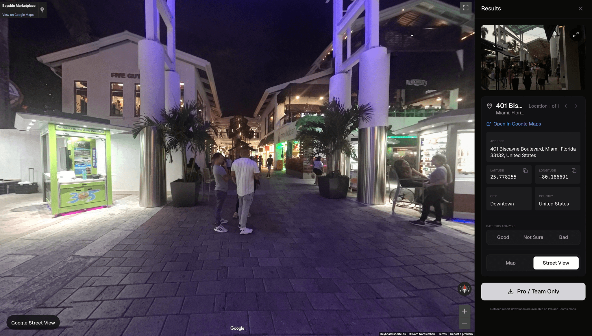 Oceanir Street View verification for Bayside Marketplace with the structured results panel on the right.